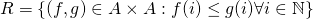 R=\{(f,g)\in A\times A: f(i)\leq g(i) \forall i\in \mathbb{N}\}