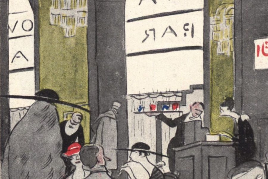 Il Caffè Cova in un’illustrazione di «Satana Beffa», n. 8 del 1° giugno 1919 (Centro APICE)