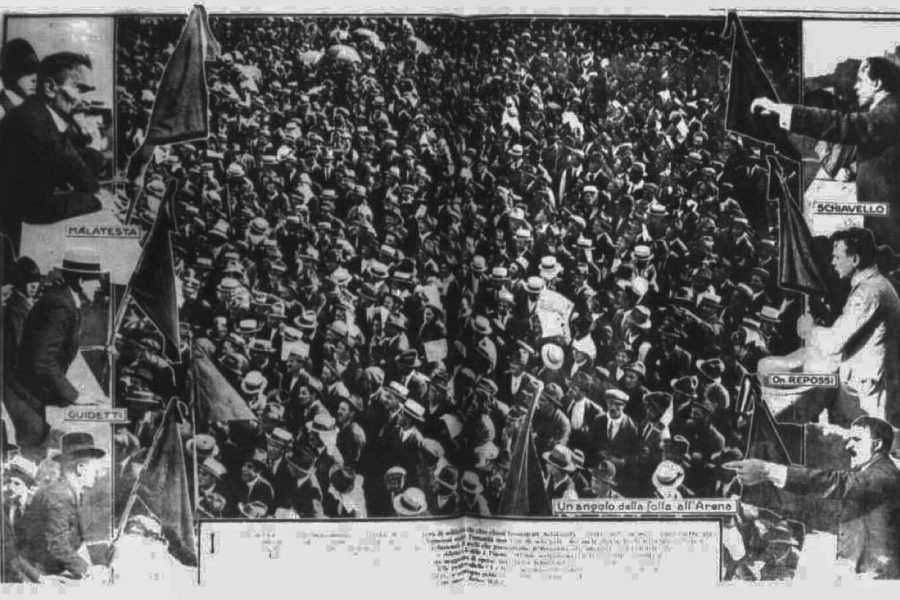 Schiavello, Repossi, Malatesta e Guidetti in una elaborazione grafica del comizio per i ferrovieri scioperanti all’Arena di Milano il 22 giugno 1920 (Archivio Centrale dello Stato)