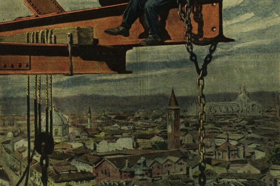 Una pubblicità di una marca di cioccolato mostra due operai sospesi su Milano, «Domenica del Corriere», 6 luglio 1919 (Digiteca della Biblioteca di Storia Moderna e Contemporanea, Roma)